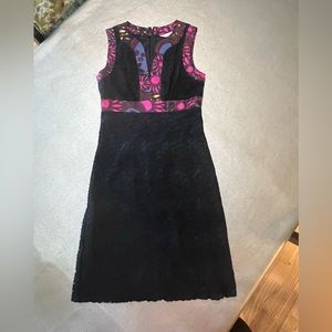 Trina Turk - Black Lace & Purple Printed silk trim Sheath Dress Sz 4
